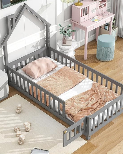 Twin Size Kids Montessori Floor Bed,House-Shaped Headboard Floor Bed for Kids,Floor Bed with Fence and Door,House Bed Twin Frame for Girls,Boys(Twin,Grey) - LeafyLoom