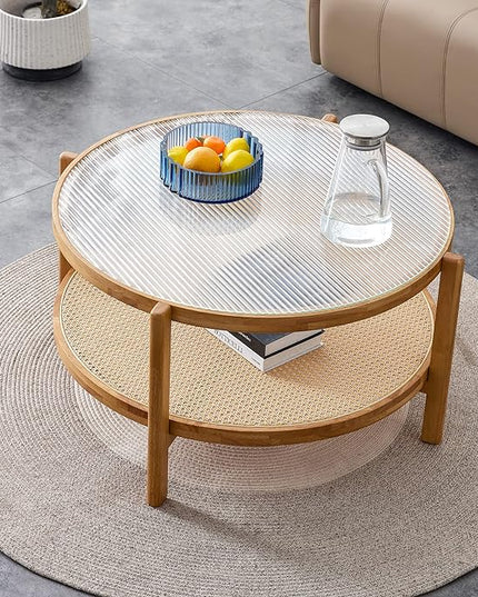 NicBex Dining Table Round Kitchen Table Contemporary Modern Minimalist Circular Double-Layer Solid Wood Coffee Table, Craft Glass Tabletop, Rattan, Solid Wood Frame, Natural Wood - LeafyLoom
