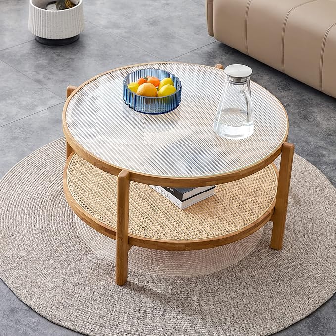 NicBex Dining Table Round Kitchen Table Contemporary Modern Minimalist Circular Double-Layer Solid Wood Coffee Table, Craft Glass Tabletop, Rattan, Solid Wood Frame, Natural Wood - LeafyLoom