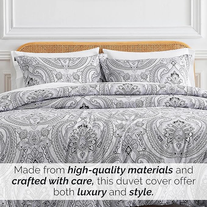 Southshore Fine Living, Inc. Oversized Full/Queen Comforter Bedding Set, Down Alternative Boho Bedspread, Paisley Print Comforter, Full Size/Queen with 2 Matching Shams, Pure Melody Black - LeafyLoom
