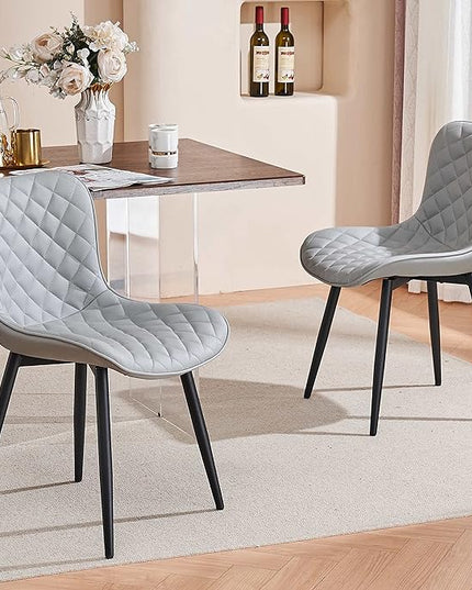 YOUTASTE Grey Dining Chairs Set of 2 Mid Century Modern PU Leather Diamond Upholstered Accent Guest Dinner Chair with Back Metal Legs for Kitchen Living Reception Waiting Room - LeafyLoom