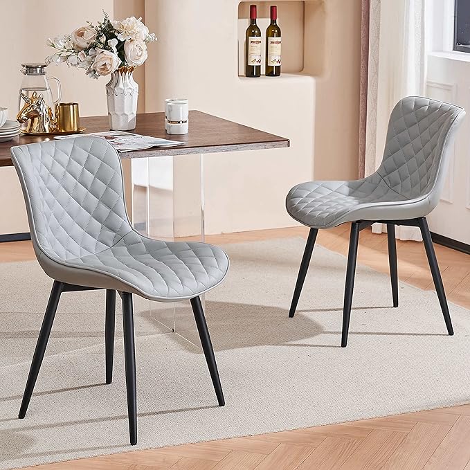 YOUTASTE Grey Dining Chairs Set of 2 Mid Century Modern PU Leather Diamond Upholstered Accent Guest Dinner Chair with Back Metal Legs for Kitchen Living Reception Waiting Room - LeafyLoom