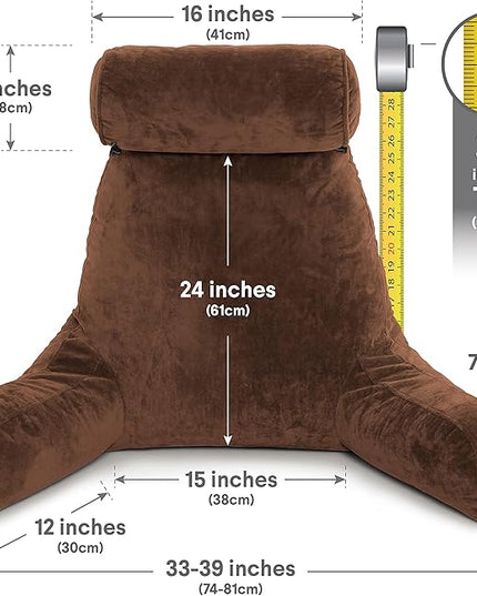 Husband Pillow XXL Chocolate Backrest with Arms - Adult Reading Pillow Shredded Memory Foam, Ultra-Comfy Removable Microplush Cover & Detachable Neck Roll, Unmatched Support Bed Rest Sit Up Pillow - LeafyLoom