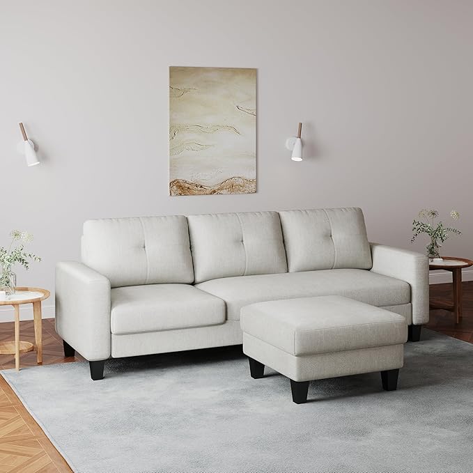 L Shaped Convertible Sectional Sofa, 3 Seater Linen Fabric Corner Couch with Reversible Chaise Movable Ottoman, Button Tufted Sofa&Couches for Small Apartments, Living Rooms and Offices - LeafyLoom