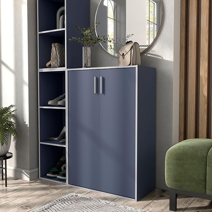 Apexa Stackable Wood Bookcase with Doors, Cube Storage Organizer Shelves, Small Food Pantry, Dorm Teen Room Decor & Bedroom, Home Office, Kitchen, 3-Tier Cabinet, Steel Blue - LeafyLoom