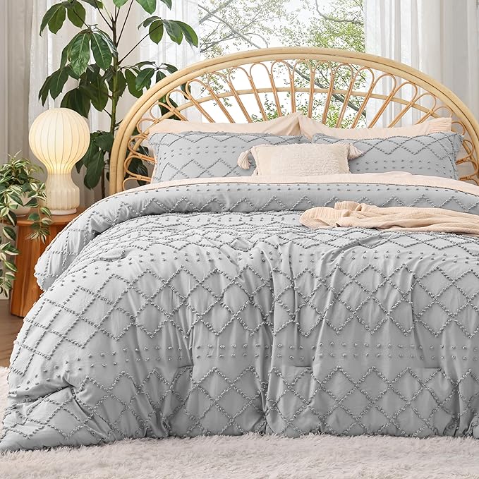 Bedsure Queen Comforter Set - Light Grey Comforter, Boho Tufted Shabby Chic Bedding Comforter Set, 3 Pieces Vintage Farmhouse Bed Set for All Seasons, Fluffy Soft Bedding Set with 2 Pillow Shams - LeafyLoom