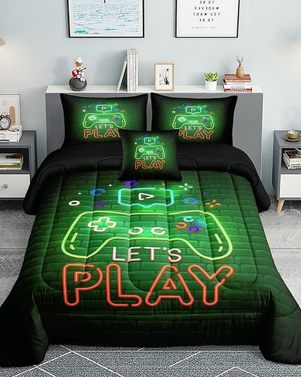 6 PCS Gamer Queen Comforter Sets,Queen Bedding Sets for Boys,Gaming Comforter Set,Queen Size Bedding Sets for Boys,Bed in A Bag with Sheets(Queen,Green Color) - LeafyLoom