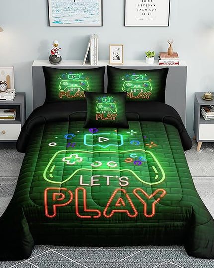 Boys Gamer Comforter Sets,6 PCS Gaming Bedding Set for Boys,Kids Comforter Sets for Boys,Twin Comforter Sets for Boys,Bed in A Bag with Sheets(Twin,Green Color) - LeafyLoom