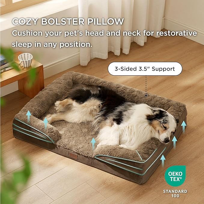 Bedsure Orthopedic Dog Bed for Extra Large Dogs - Calming XL Dog Sofa Beds with Luxurious Plush Washable, Pet Couch Bed with Removable Washable Cover, Waterproof Lining and Nonskid Bottom, Brown BEDSURE