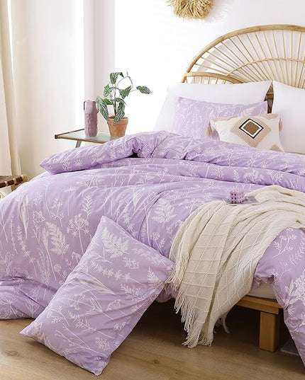 JANZAA King Size Comforter Set Floral Comforter Sets King Size Bedding Set Purple Comforter for All Season with 2 Pillow Shams Cute and Comfortable - LeafyLoom