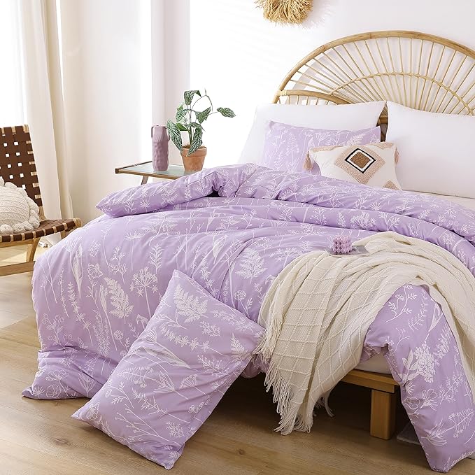 JANZAA King Size Comforter Set Floral Comforter Sets King Size Bedding Set Purple Comforter for All Season with 2 Pillow Shams Cute and Comfortable - LeafyLoom
