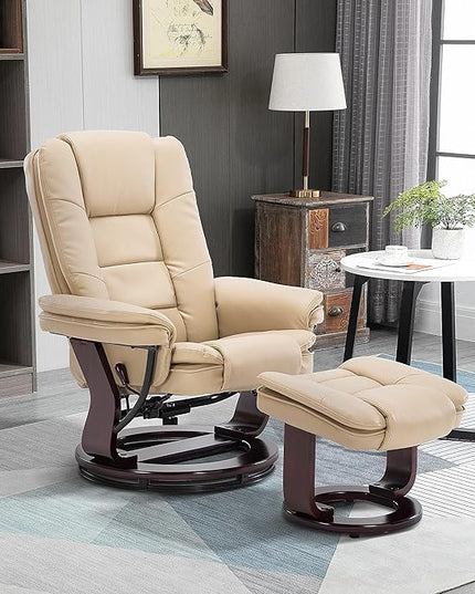 JC Home Swivel Ottoman Bonded Leather Recliner Chair and Foot Rest for Living Room, Home Theater, Man Cave, Bedroom-Round Mahogany Base-Modern, Contemporary Furniture, offwhite - LeafyLoom