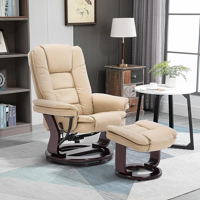 JC Home Swivel Ottoman Bonded Leather Recliner Chair and Foot Rest for Living Room, Home Theater, Man Cave, Bedroom-Round Mahogany Base-Modern, Contemporary Furniture, offwhite - LeafyLoom