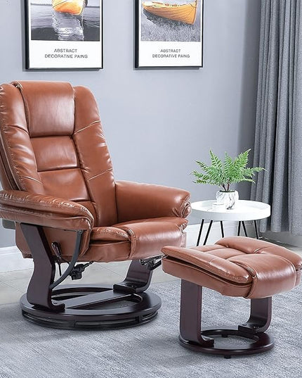 JC Home Swivel Ottoman Bonded Leather Recliner Chair and Foot Rest for Living Room, Home Theater, Man Cave, Bedroom-Round Mahogany Base-Modern, Contemporary Furniture, Extra Large, Tan - LeafyLoom