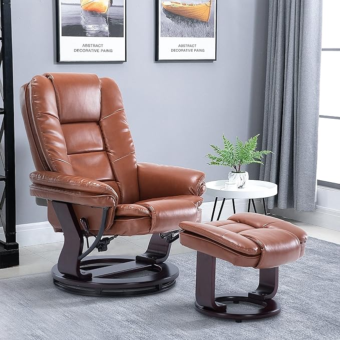 JC Home Swivel Ottoman Bonded Leather Recliner Chair and Foot Rest for Living Room, Home Theater, Man Cave, Bedroom-Round Mahogany Base-Modern, Contemporary Furniture, Extra Large, Tan - LeafyLoom