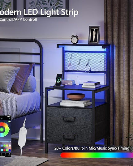 Tall Nightstand Set of 2 with Charging Station and LED Lights, Night Stand with Fabric Drawers, Bedside Table 36.4 Inch with Storage Shelves, Side Table, Mesh Shelves with Hooks, Black - LeafyLoom