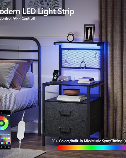 Tall Nightstand with Charging Station and LED Lights, Night Stand with Fabric Drawers, Bedside Table 36.4 Inch with Storage Shelves, Side Table, Mesh Shelves with Metal Hooks, Black - LeafyLoom