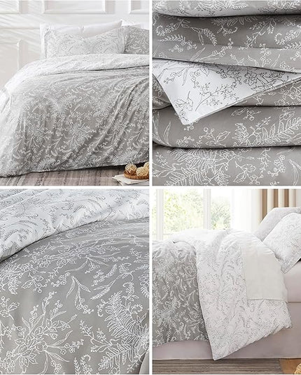 Southshore Fine Living, Inc. Full/Queen Comforter Set, Hotel Quality Floral Comforter with Matching Shams, Reversible Print is 2 Colors in 1, Fits Queen & Full Beds, Winter Brush Grey/White - LeafyLoom