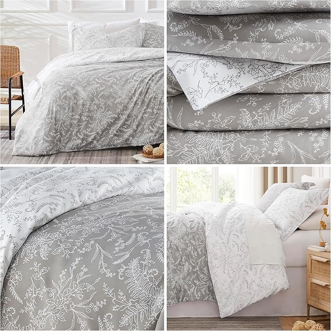 Southshore Fine Living, Inc. Full/Queen Comforter Set, Hotel Quality Floral Comforter with Matching Shams, Reversible Print is 2 Colors in 1, Fits Queen & Full Beds, Winter Brush Grey/White - LeafyLoom