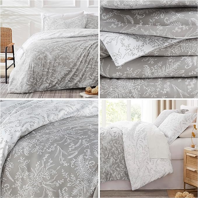 Southshore Fine Living, Inc. Oversized King Comforter Set, Hotel Quality Floral Bedspread with Matching Shams, Reversible Print is 2 Colors in 1, Fits King/Cal King, Winter Brush Grey/White - LeafyLoom