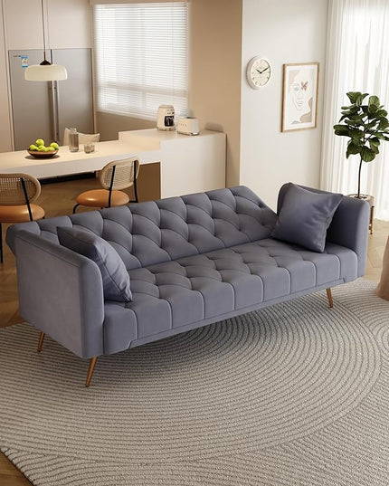 Convertible Folding Futon Sofa Bed Sleeper Lounge Couch,Small Velvet Upholstered Recliner Loveseat Daybed with Adjustable Backrest and Golden Metal Legs Space-Saving Sofabed for Living Room Office - LeafyLoom