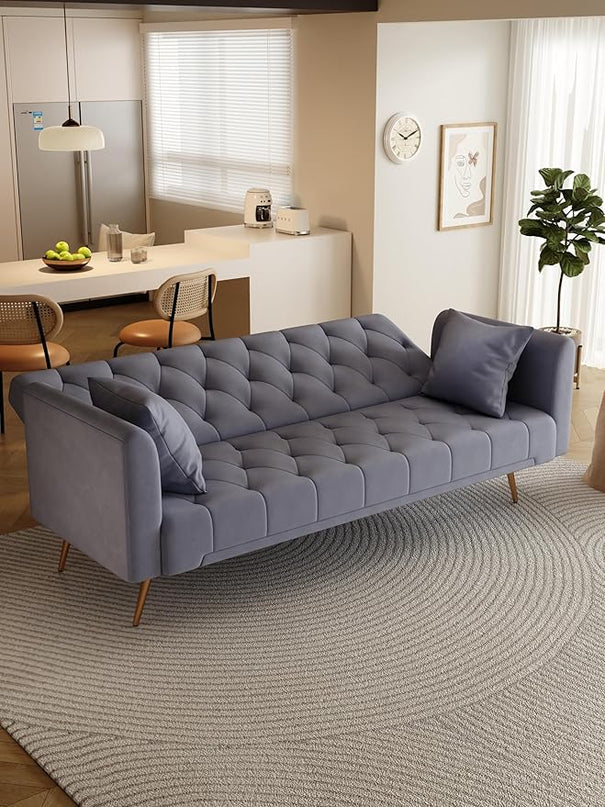 Convertible Folding Futon Sofa Bed Sleeper Lounge Couch,Small Velvet Upholstered Recliner Loveseat Daybed with Adjustable Backrest and Golden Metal Legs Space-Saving Sofabed for Living Room Office - LeafyLoom
