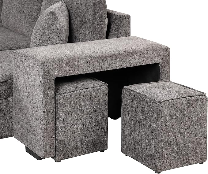 L Shaped Reversible Sleeper Sectional Sofa Pull Out Couch Bed with Storage Chaise Lounge and 2 Stools, Button Tufted Chenille Upholstered Convertible Pullout Sofabed for Living Room Office - LeafyLoom