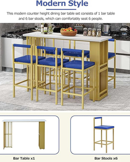 7-Piece Multi-Functional Modern Counter Height Dining Bar Table Set with Open Shelves and 6 Upholstered Stools with Gold Metal Frame for Home Pub Kitchen Room (White+Blue) - LeafyLoom