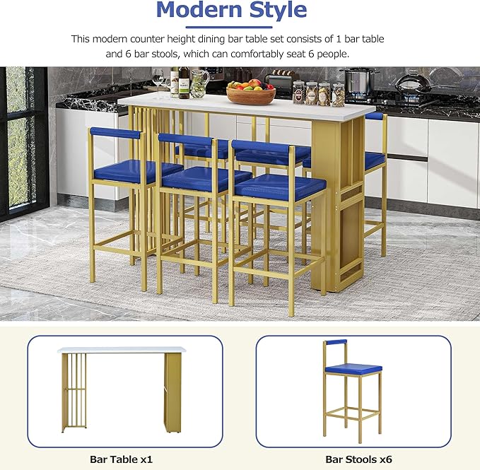 7-Piece Multi-Functional Modern Counter Height Dining Bar Table Set with Open Shelves and 6 Upholstered Stools with Gold Metal Frame for Home Pub Kitchen Room (White+Blue) - LeafyLoom