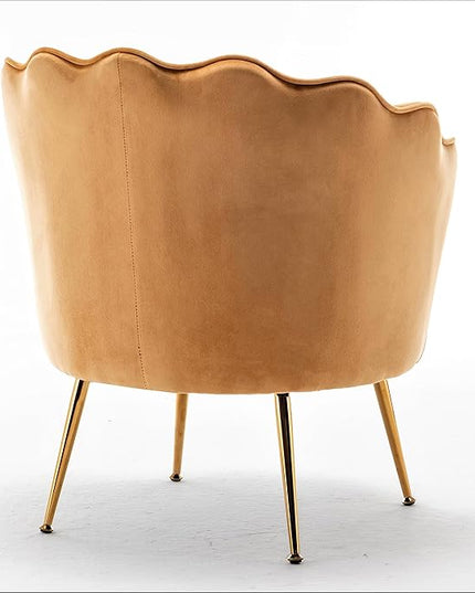 Velvet Barrel Accent Chair with Scalloped Silhouette and Gold Metal Legs, Decorative Piece Suitable for Traditional, Modern, and Contemporary Spaces, Mustard Yellow - LeafyLoom
