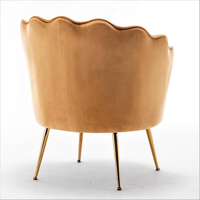 Velvet Barrel Accent Chair with Scalloped Silhouette and Gold Metal Legs, Decorative Piece Suitable for Traditional, Modern, and Contemporary Spaces, Mustard Yellow - LeafyLoom
