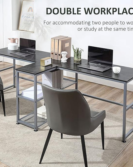 HOMCOM 83" Two Person Computer Desk with 2 Storage Shelves, Double Desk Workstation with Book Shelf, Long Desk Table for Home Office, Black - LeafyLoom