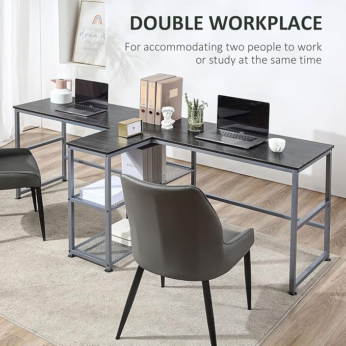 HOMCOM 83" Two Person Computer Desk with 2 Storage Shelves, Double Desk Workstation with Book Shelf, Long Desk Table for Home Office, Black - LeafyLoom