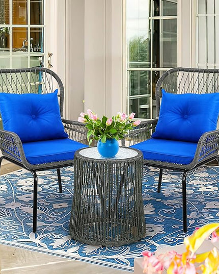 YITAHOME 3-Piece Outdoor Patio Furniture Wicker Bistro Set, All-Weather Rattan Conversation Chairs for Backyard, Balcony and Deck with Soft Cushions, Glass Side Table (Gray+Navy Blue) - LeafyLoom
