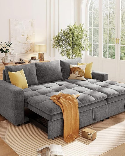 89'' L Shaped Upholstered Convertible Sleeper Sectional Sofa with Storage Chaise and Pull-Out Bed, 3-Seat Reversible Corner Couches for Living Rooms, Offices, Apartment, Gray, 89 Inch - LeafyLoom