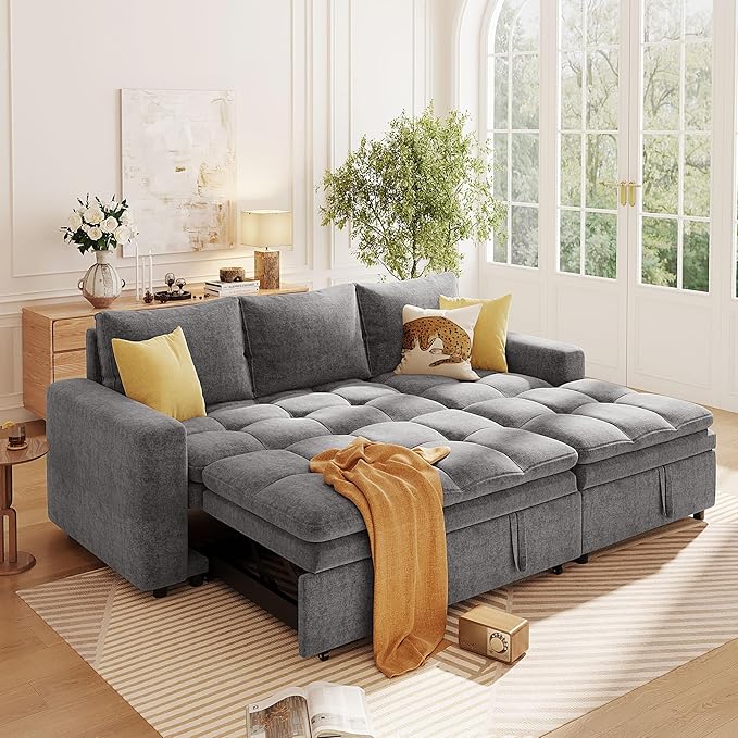 89'' L Shaped Upholstered Convertible Sleeper Sectional Sofa with Storage Chaise and Pull-Out Bed, 3-Seat Reversible Corner Couches for Living Rooms, Offices, Apartment, Gray, 89 Inch - LeafyLoom