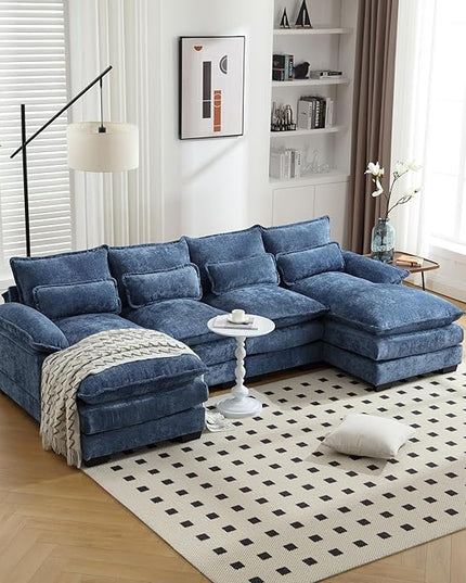 6 Seater Overstuffed Modular Sectional Sofa Cloud Couch with Double Chaise Lounge, U Shaped Chenille Upholstered Leisure Sofa&Couches with Memory Foam and Waist Pillows for Living Room Office - LeafyLoom