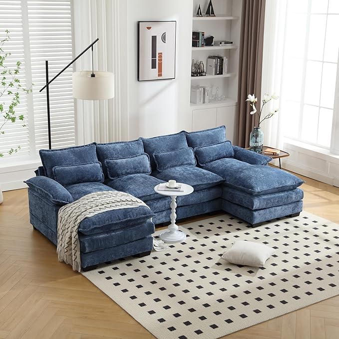 6 Seater Overstuffed Modular Sectional Sofa Cloud Couch with Double Chaise Lounge, U Shaped Chenille Upholstered Leisure Sofa&Couches with Memory Foam and Waist Pillows for Living Room Office - LeafyLoom