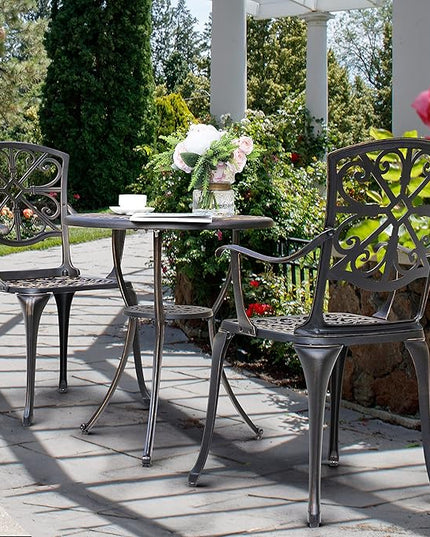 NUU GARDEN Bistro Set 3 Piece Outdoor All Weather Cast Aluminum Patio Bistro Set Patio Table and Chairs Set of 2 with Umbrella Hole for Backyard, Balcony, Front Porch, Lawn, Pool, Bronzer - LeafyLoom