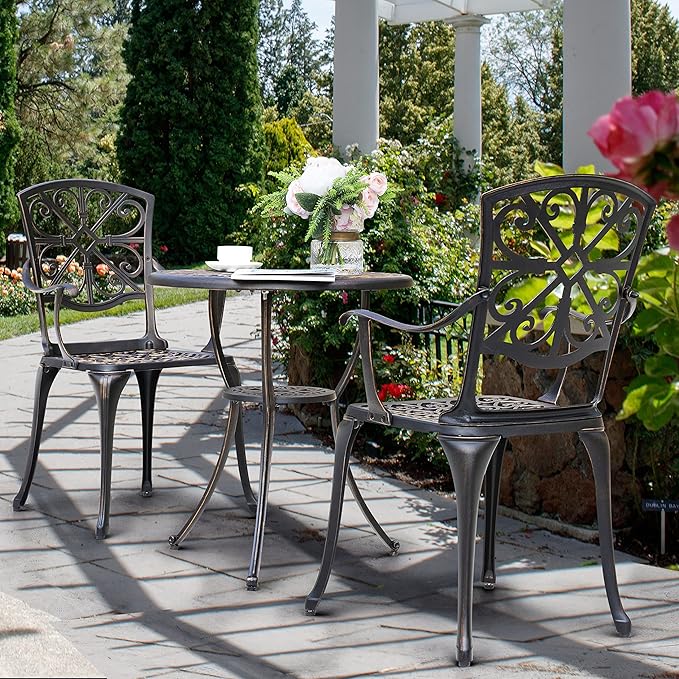 NUU GARDEN Bistro Set 3 Piece Outdoor All Weather Cast Aluminum Patio Bistro Set Patio Table and Chairs Set of 2 with Umbrella Hole for Backyard, Balcony, Front Porch, Lawn, Pool, Bronzer - LeafyLoom