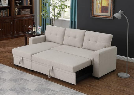 L Shaped Pull Out Sectional Sofa with Storage Chaise, 82 Inch Linen Upholstered Reversible Couch Sleeper Bed, for Living Room, Apartment and Office, Beige, 82 - LeafyLoom