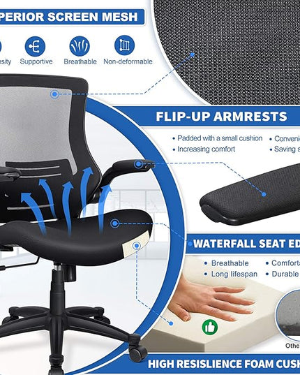Ergonomic Mesh Office Chair Mid Back Swivel Desk Chair Black Computer Chair with Flip-Up Armrests Lumbar Support Adjustable Height Task Chairs - LeafyLoom