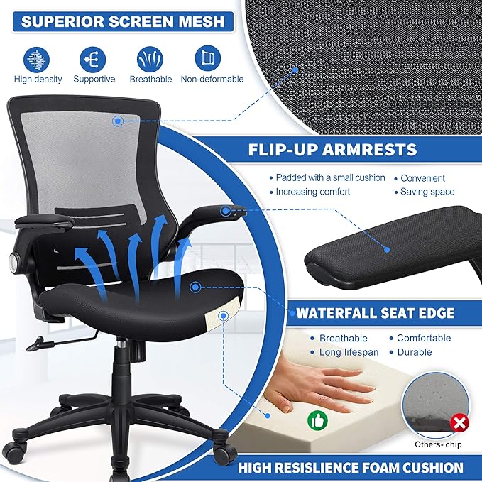 Ergonomic Mesh Office Chair Mid Back Swivel Desk Chair Black Computer Chair with Flip-Up Armrests Lumbar Support Adjustable Height Task Chairs - LeafyLoom