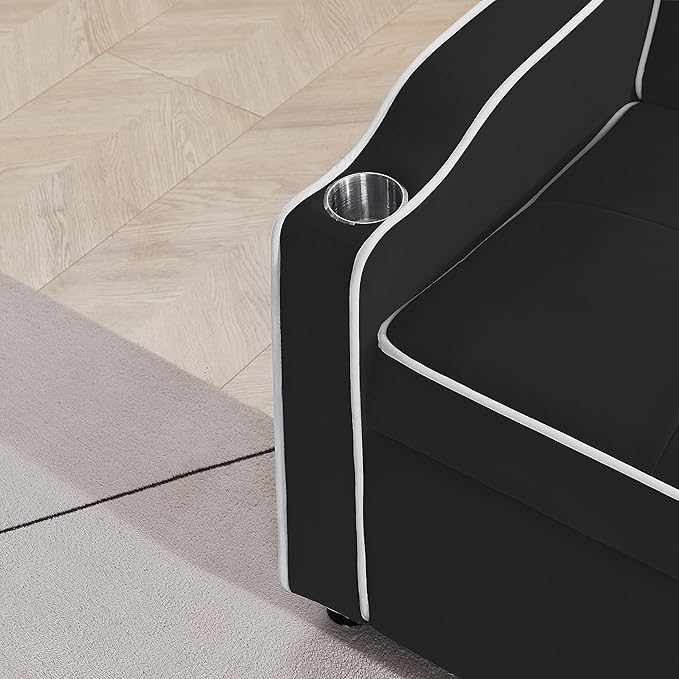 3-in-1 Velvet Upholstered Sofabed Tufted Futon Loveseat Sofa Convertible Sleeper Couch Bed with Cupholders and USB Charging Ports,Modern 2-Seaters Love Seat Daybed for Living Room, 55.2", Black1 - LeafyLoom