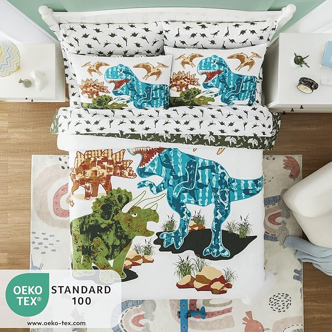KALEIDOSPACE Gilrs Boys Bedding Sets Twin, 5 Piece Glow in The Dark Dinosaur Bed in A Bag-1 Comforter,1 Pillow Sham, 1 Pillowcase, 1 Flat Sheet, 1 Fitted Sheet - LeafyLoom