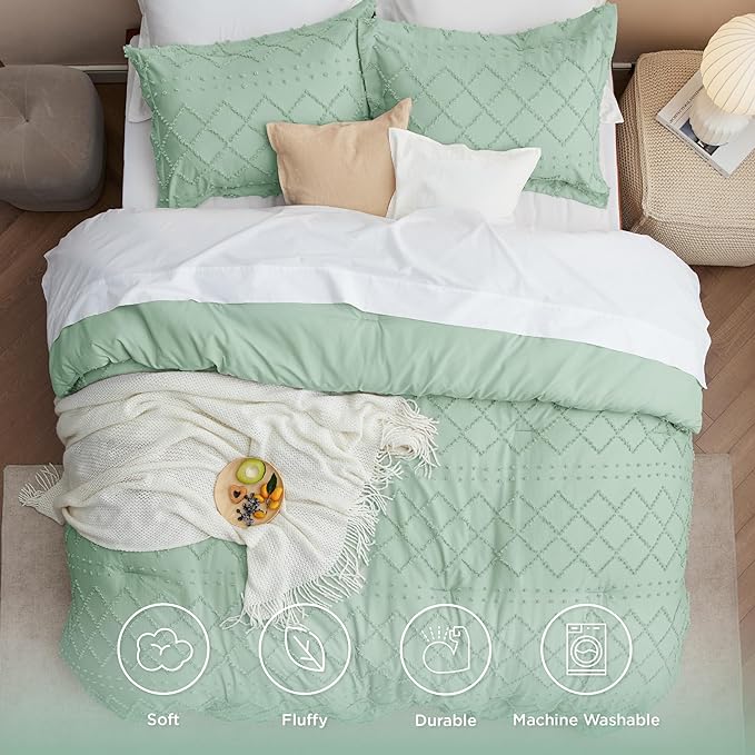 Bedsure Full Size Comforter Set - Green Comforter, Boho Tufted Shabby Chic Bedding Comforter Set, 3 Pieces Vintage Farmhouse Bed Set for All Seasons, Fluffy Soft Bedding Set with 2 Pillow Shams - LeafyLoom