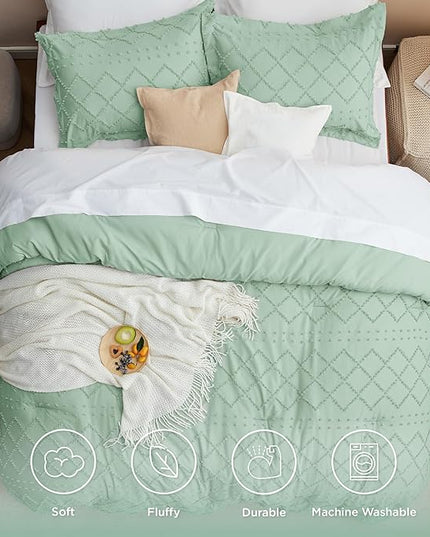 Bedsure Twin/Twin XL Comforter Set - Green Boho Twin Extra Long Comforter Set for College, Shabby Chic Dorm Bedding Set, 2 Pieces Modern Farmhouse Bed Set, includes 1 Pillow Sham - LeafyLoom