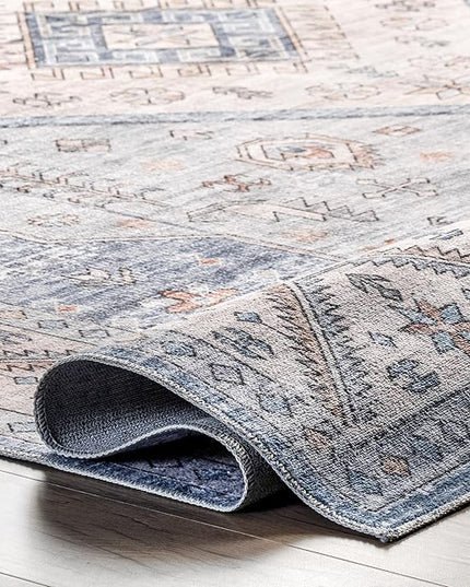 nuLOOM Elowyn Machine Washable Medallion Ultra Thin Area Rug, 4' x 6', Blue - LeafyLoom