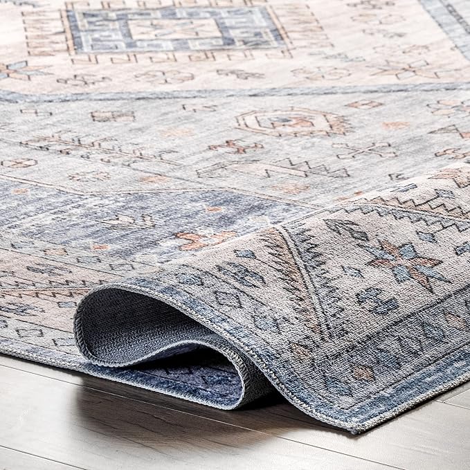 nuLOOM Elowyn Machine Washable Medallion Ultra Thin Area Rug, 4' x 6', Blue - LeafyLoom
