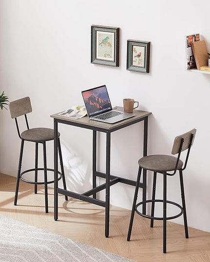 Dining Table Set for 2, Sqaure Bar Table and Chairs Set with PU Soft Seat and Backrest, Kitchen Table and Chairs for Small Spaces, Kitchen and Bar, Rustic Grey - LeafyLoom